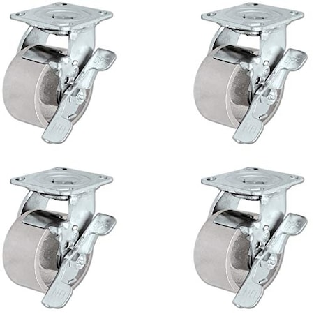 Casterhq 4"x2" Steel Casters, 4 Swivel Casters W/Brakes, 2,800 lbs, PK4 30TS420SS84S-03